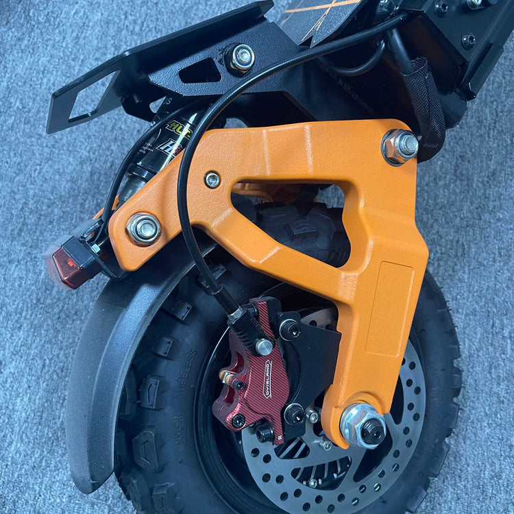 Orange right rear swing arm with a red hydraulic disc brake system on a Ronzlla RZ2 electric scooter