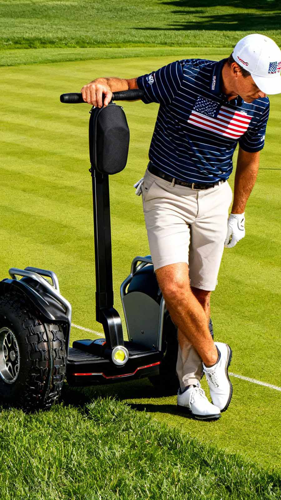An adult golfer in a USA flag polo shirt leaning on a RONZLLA X60 Plus smart self-balancing golf hoverboard with large 20-inch all-terrain tires on a sunny green golf course.