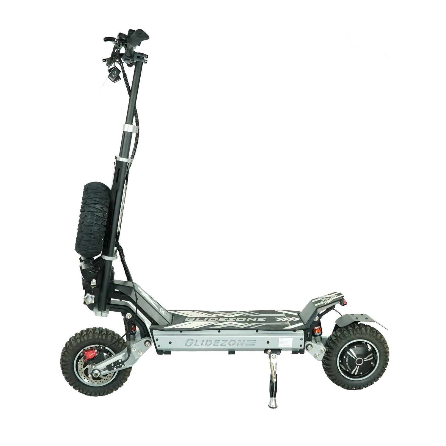Full left side view of the 60V 5600W electric scooter with a 60-mile long range, showcasing the elongated deck and full suspension system.