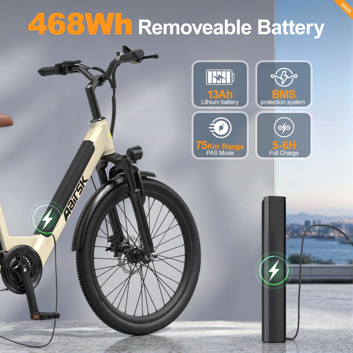 Electric City Bike for Adults, Removable Battery, NFC Lock, Rear Rack