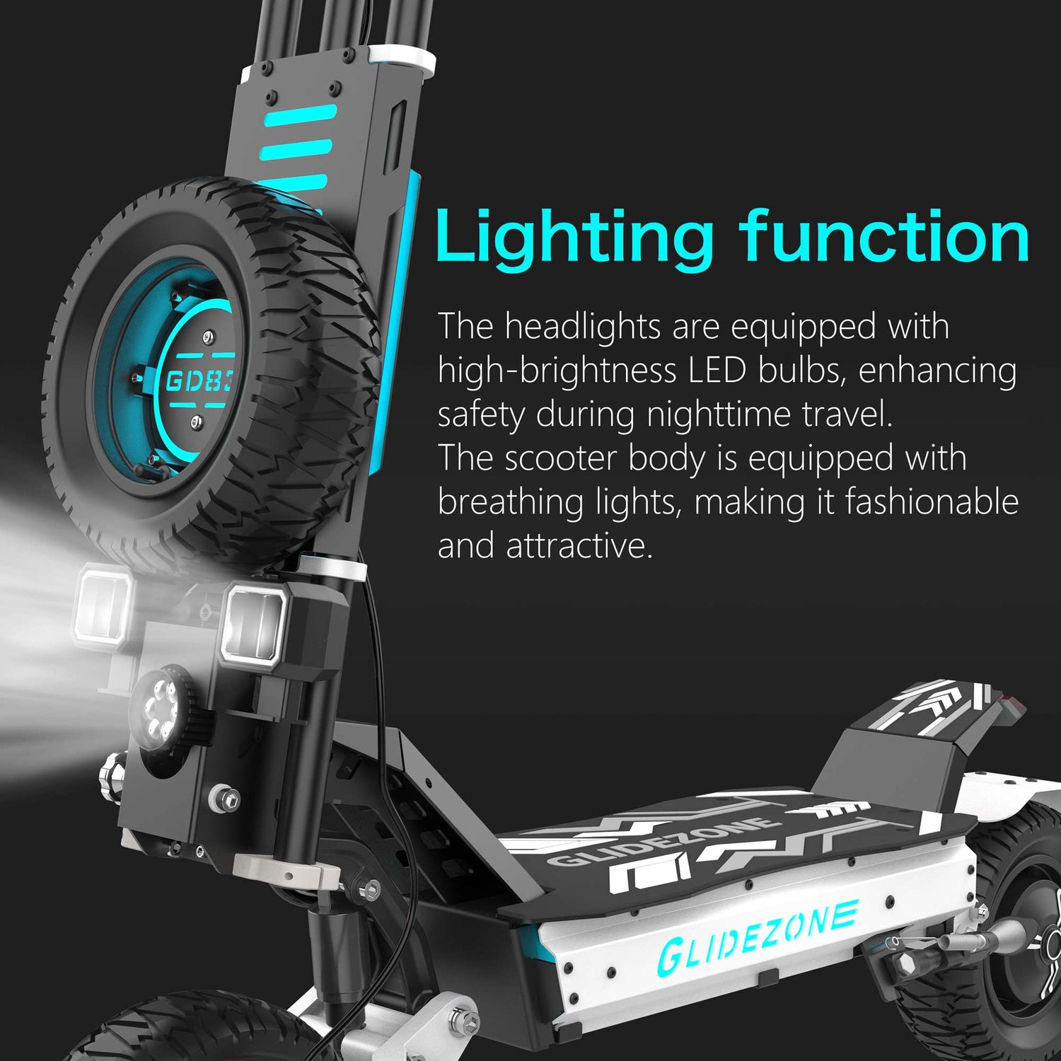 Fast Electric Scooter 50 MPH Dual Motor RONZLLA GD83 - lighting function