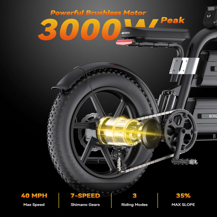 RONZLLA E20 Plus High Range Electric Bike - 3000W peak motor, 40 mph.