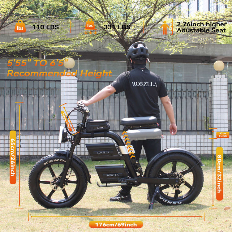 RONZLLA E20 Plus High Range Electric Bike - 331LBS, adjustable seat.