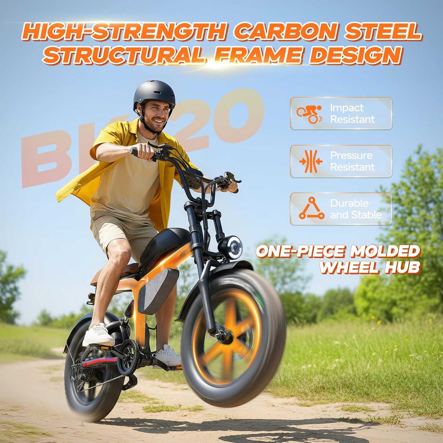 BK20 electric moped bike design featuring a heavy duty high carbon steel frame.