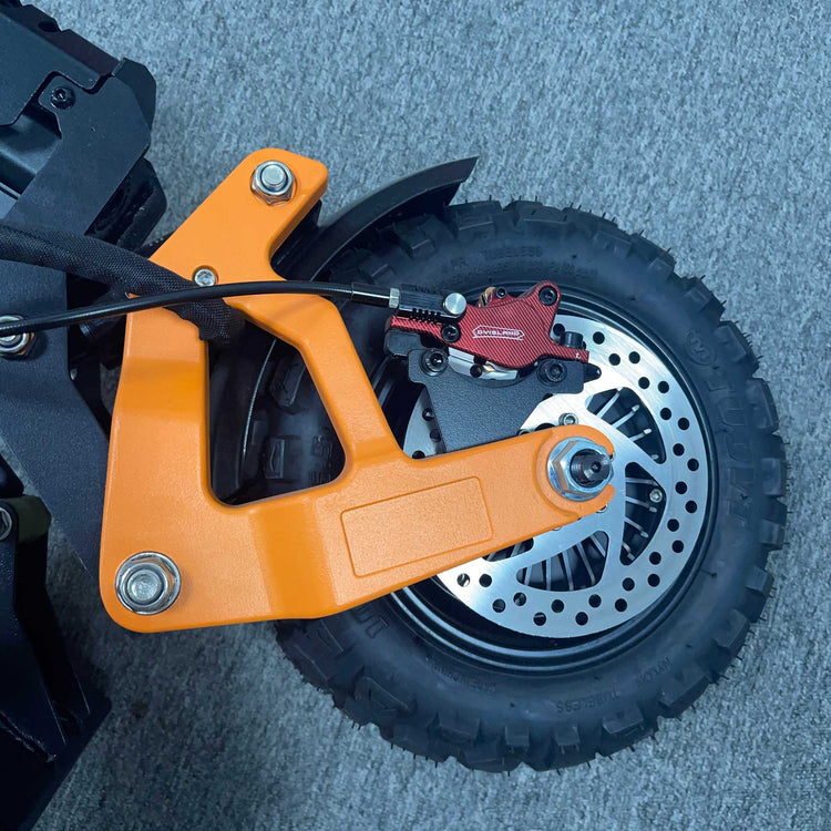 Orange right front swing arm with a red hydraulic brake caliper on a Ronzlla RZ2 electric scooter wheel