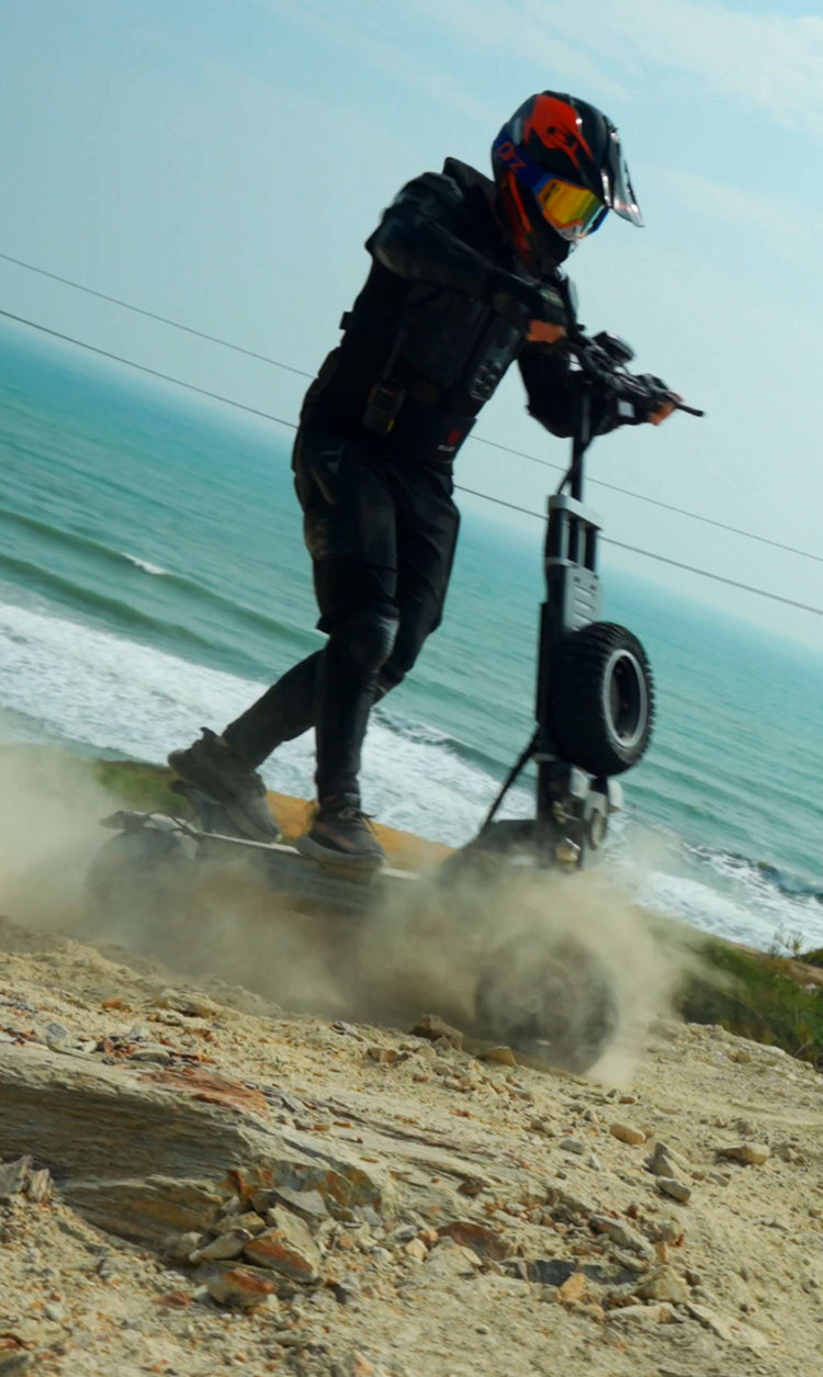 Photo of an adult rider effortlessly climbing a steep 45-degree slope incline with Glidezone GD83.