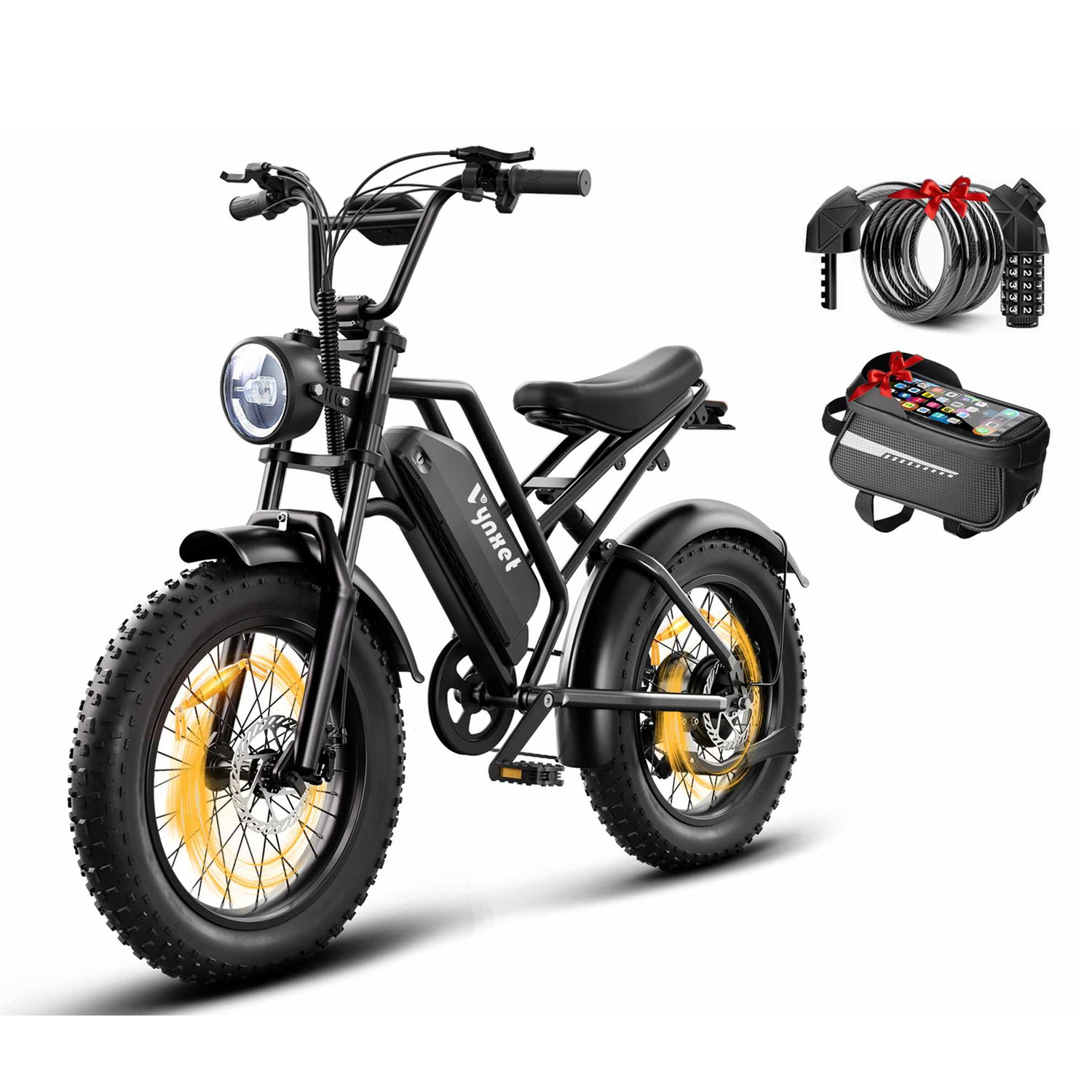 HappyRun Vynxet G50 1500W fat tire electric bike equipped with a frame bag and heavy duty lock.