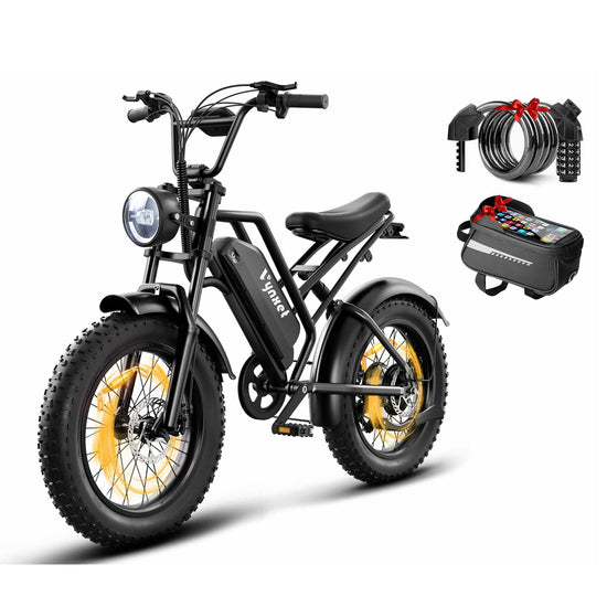 HappyRun Vynxet G50 1500W fat tire electric bike equipped with a frame bag and heavy duty lock.
