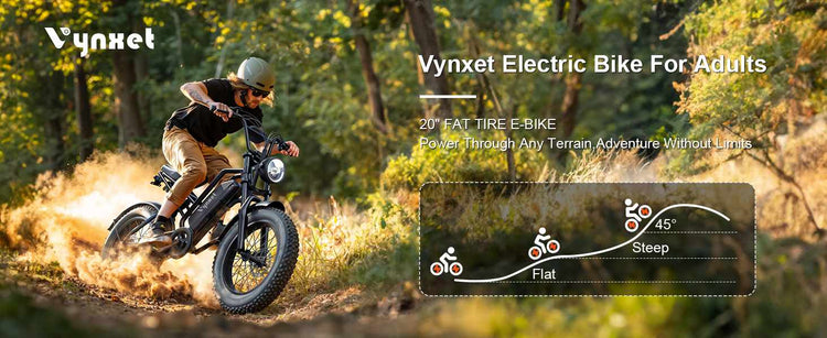 An adult American man wearing a helmet explores a green forest trail on his HappyRun Vynxet G50 all terrain electric dirt bike.