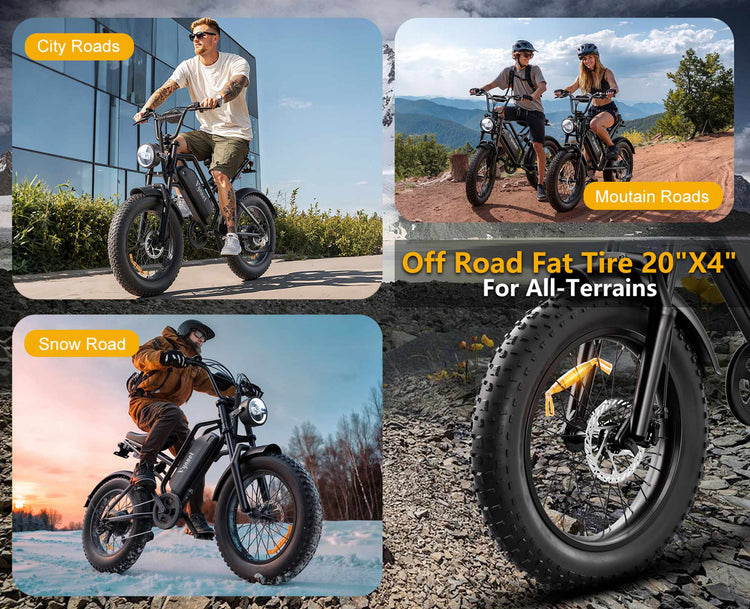 HappyRun Vynxet G50 all terrain electric bicycle riding smoothly on snow, sand, and mountain trails.