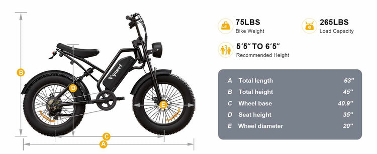 Comprehensive size guide and body dimension chart for the HappyRun Vynxet G50 fat tire electric bike.