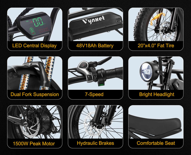 Close up details of HappyRun Vynxet G50 components including smart LCD display and premium brakes.