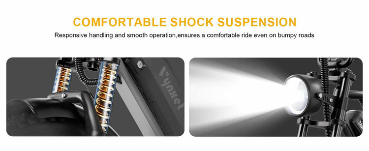 Technical breakdown diagram explaining the shock absorption mechanism and brightness specs of the G50 front headlight and fork.