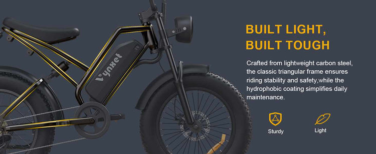 Engineering design schematic highlighting the durable retro high carbon steel frame of the HappyRun Vynxet G50 moped ebike.