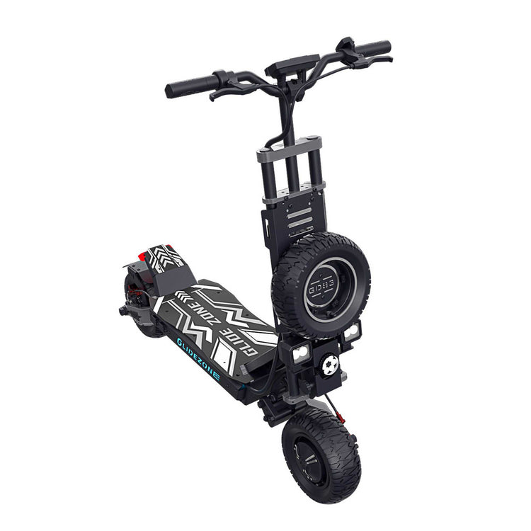 50 MPH high-speed off-road e-scooter with heavy duty 11-inch tires, captured from a 45-degree rear-right angle highlighting the dual hydraulic brakes.