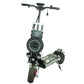 Close-up product photo of an off road electric scooter from a front-left 45-degree angle, focusing on the dual headlights and front hydraulic shock absorbers.