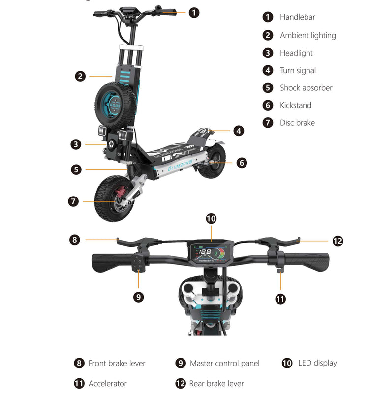 Technical schematic diagram of the off-road electric scooter and aluminum handlebars, detailing product dimensions, folding mechanism, and frame structure.