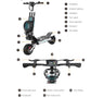 Technical schematic diagram of the off-road electric scooter and aluminum handlebars, detailing product dimensions, folding mechanism, and frame structure.