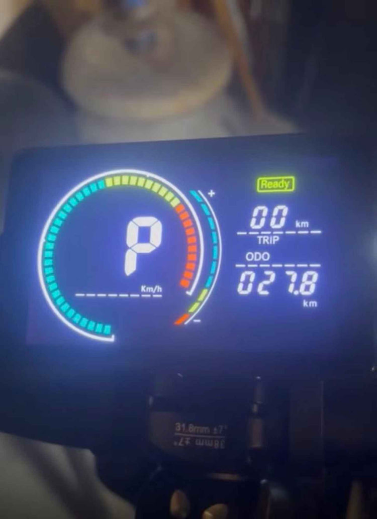 A close-up of a digital e-bike LCD screen showing a large letter "P" in the center of a circular gauge, indicating parking mode, with a total odometer reading of 27.8 kilometers on the right.