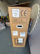 A large cardboard shipping box for a wholesale used electric bike in a US warehouse, showing technical specifications like a net weight of forty-five kilograms, gross weight of fifty-four kilograms, package size dimensions, and CE safety certification marks.